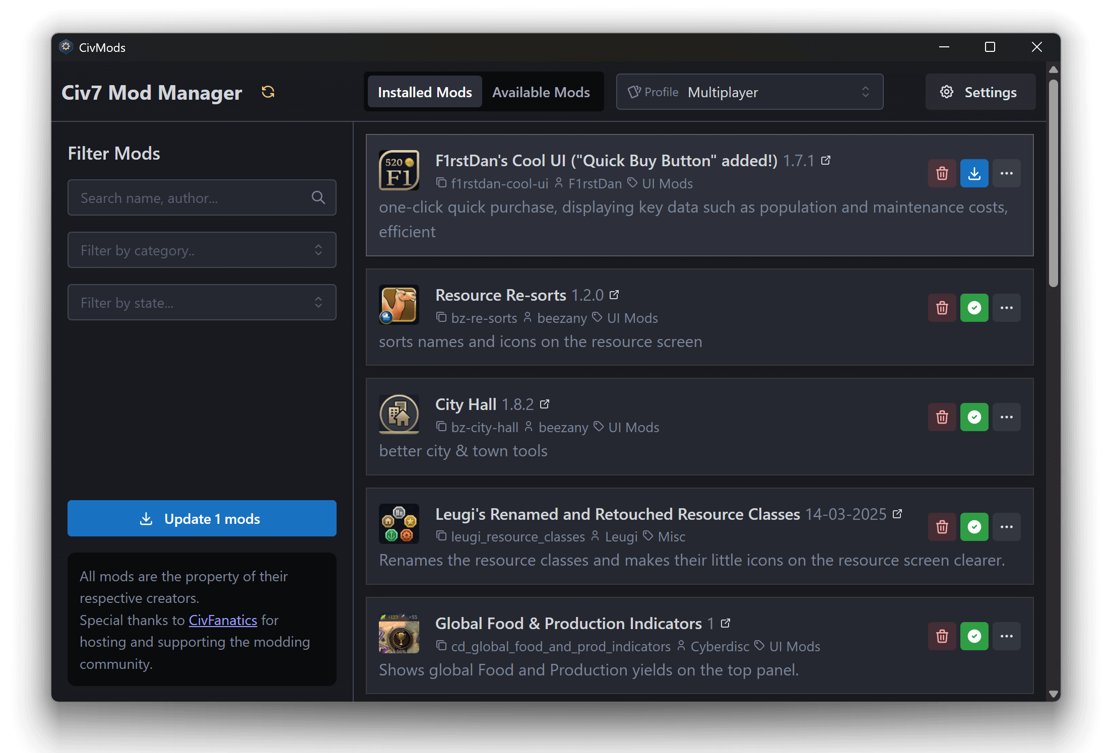 CivMods screenshot showing list of mods
